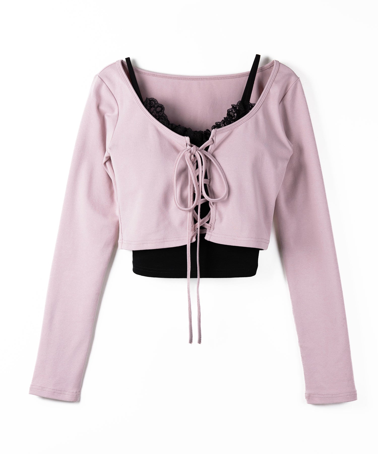 【 新色ピンクが追加！／２点セット 】レースアップリボンショートトップス ＋ レースキャミ SET ／ lace up ribbon short tops + lace cami SET