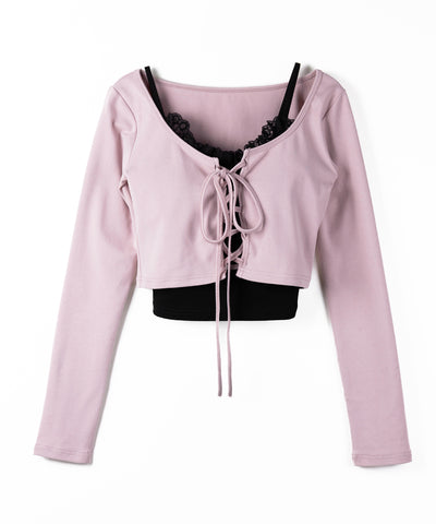 【 新色ピンクが追加！／２点セット 】レースアップリボンショートトップス ＋ レースキャミ SET ／ lace up ribbon short tops + lace cami SET