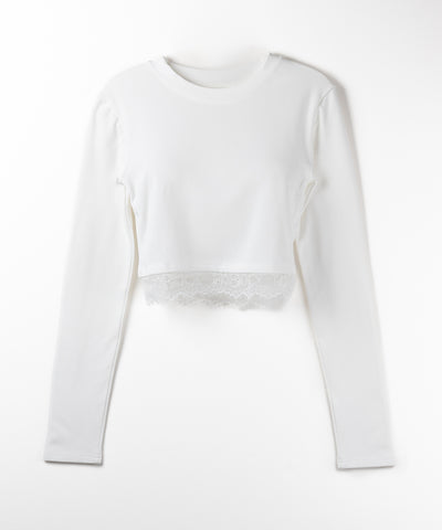 【 裏起毛 】裾レースドッキングショートＴシャツ ／ hem lace docking short Tee