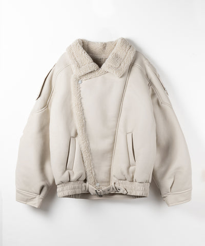 【 ２color 】フェイクレザーベルテッドボアムートンジャケット ／ fake leather belted boa mouton jacket