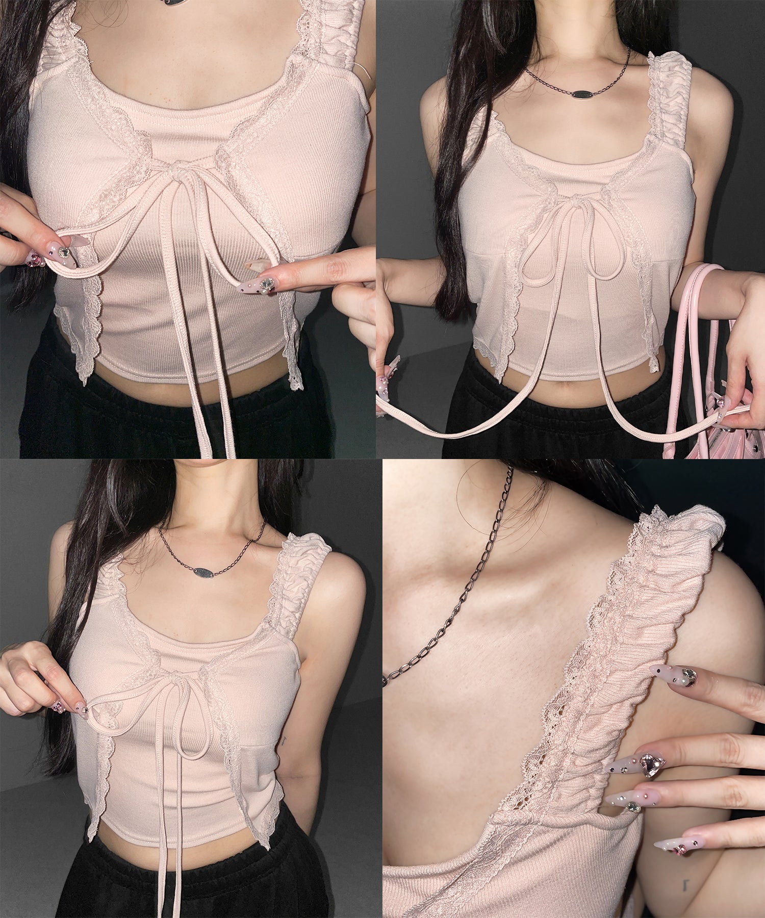 フロントリボンレイヤードリブキャミタンク ／ front ribbon layered lib camisole tank