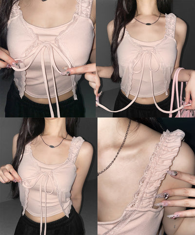 フロントリボンレイヤードリブキャミタンク ／ front ribbon layered lib camisole tank