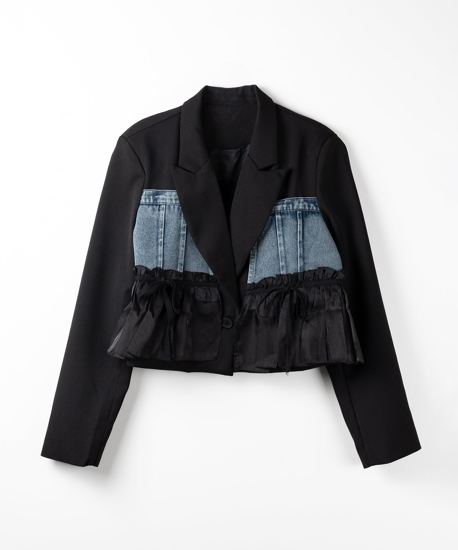 デニムフリルドッキングショートテーラードジャケット ／denim frill docking short tailored jacket