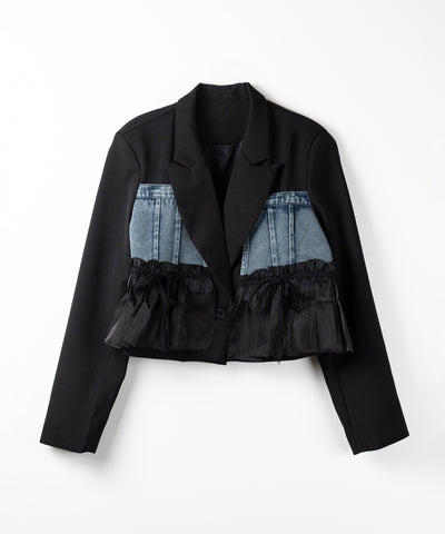 デニムフリルドッキングショートテーラードジャケット ／denim frill docking short tailored jacket
