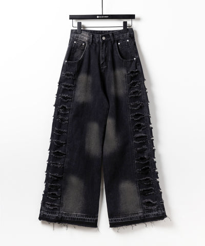 【 ４size 】ヘビークラッシュサイドダメージブラックヴィンテージデニム ／ heavy crush side damage black vintage denim