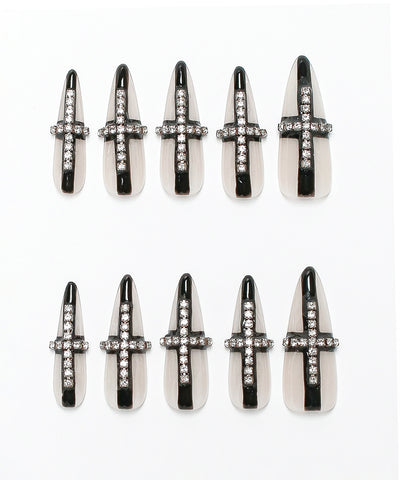 シルバーストーンクロスラインブラックシアースティレットネイルチップ／silverstone cross line black sheer stiletto nail tips