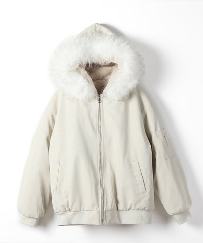 ファーフードヴィンテージフェイクレザーオーバーブルゾン ／ fur hooded vintage fake leather over blouson
