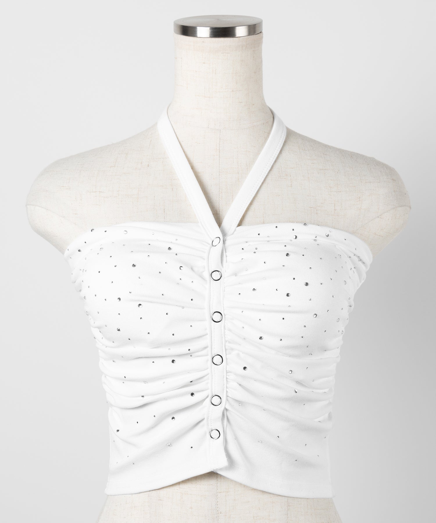 ラインストーンホルターネックスナップギャザーベアトップ ／ Rhinestone halter neck snap gathered bare top