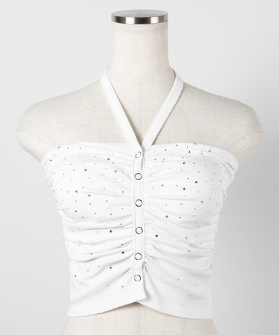 ラインストーンホルターネックスナップギャザーベアトップ ／ Rhinestone halter neck snap gathered bare top