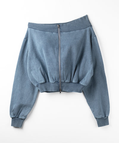 【 ２color 】ダブルジップピグメントオフショルスウェットトップス ／ double zip pigment off shoulder sweat tops