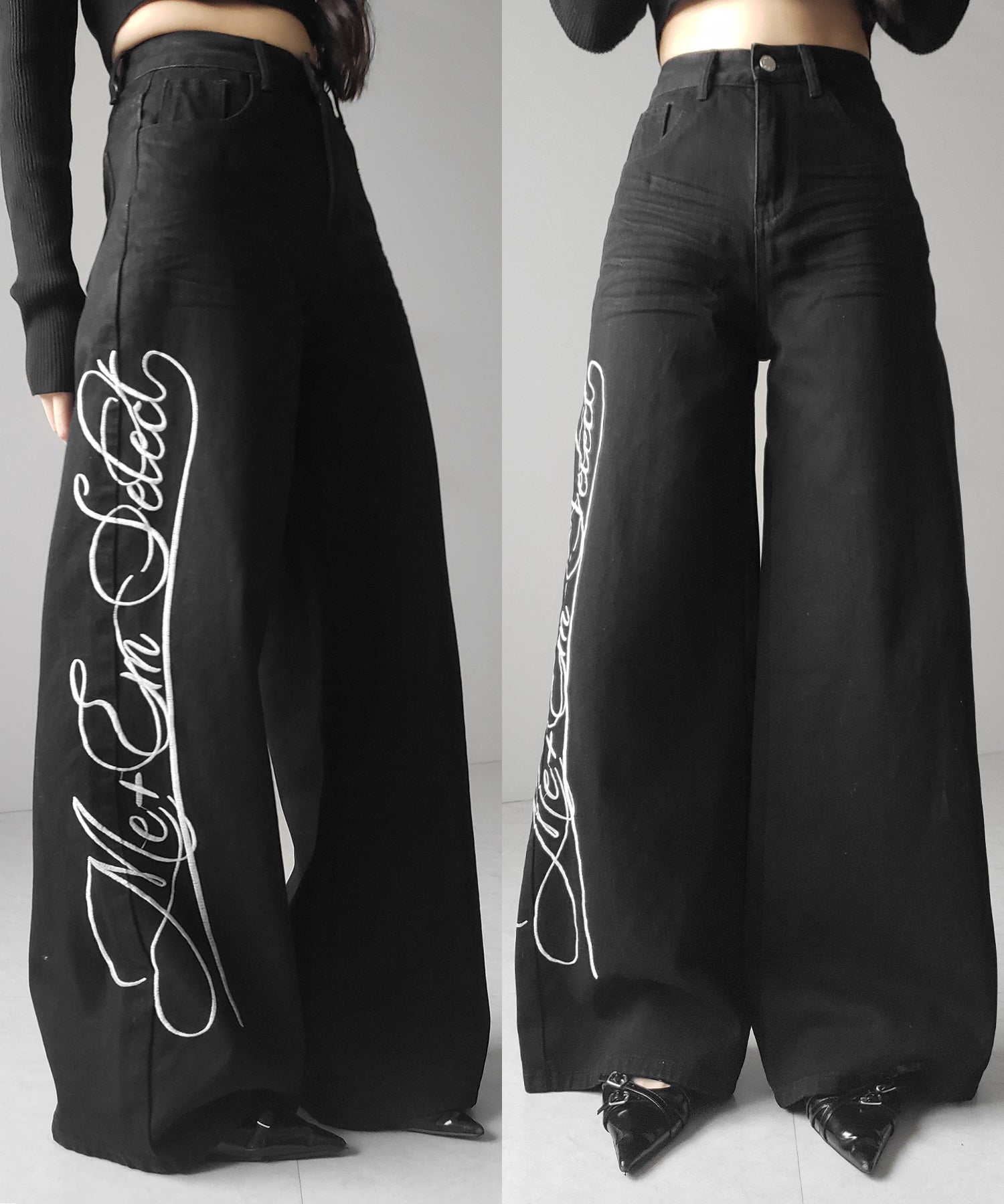レタリングロゴ刺繍ハイウエストワイドブラックデニム ／ lettering logo embroidery high waist wide black denim