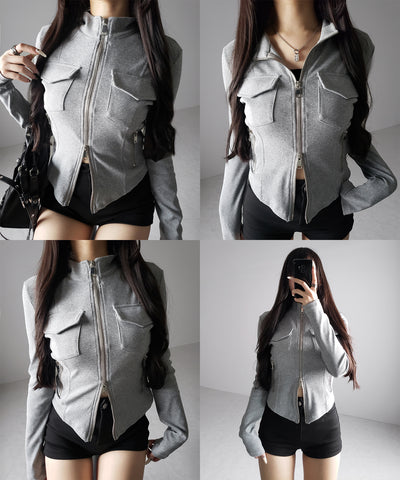 アウトポケットダブルジップスリムリブトップス ／ out pocket double zip slim ribbed tops