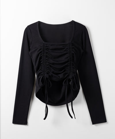 【 ３color 】 ダブルシャーリングリボンスクエアネックトップス ／ double shirring ribbon square neck tops