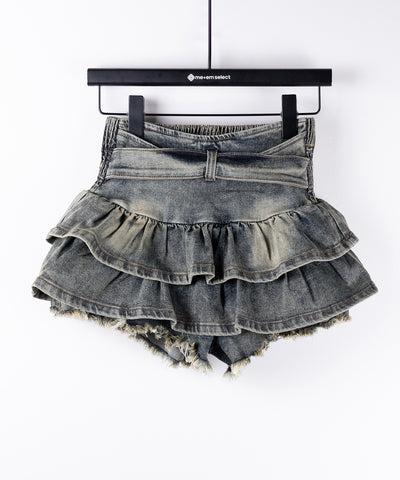【 ２color 】ベルテッドフリルヴィンテージデニムミニスカパン ／ Belted frill vintage denim mini skirt pants