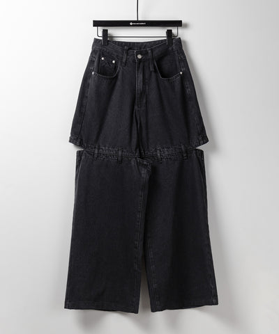 【 選べる３サイズ 】バックオープンカットアウトウォッシュワイドデニム ／ Back open cutout washed wide denim