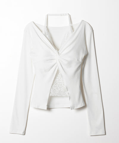 レースレイヤードクロスデザイン長袖Ｔシャツ ／Lace-layered cross design long-sleeved T-shirt