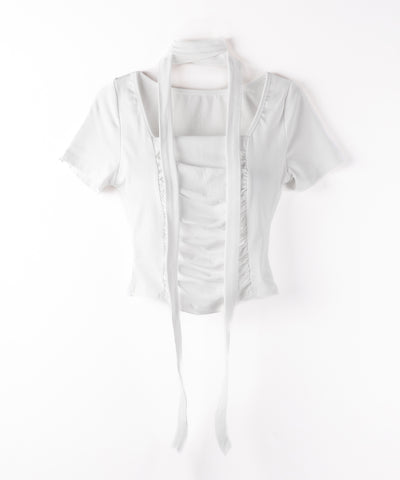 【 ２WAY 】チョーカーロングタイ付き スクエアネックギャザースリムＴシャツ ／ choker long tie SET square neck gather slim sleeve T-shirt