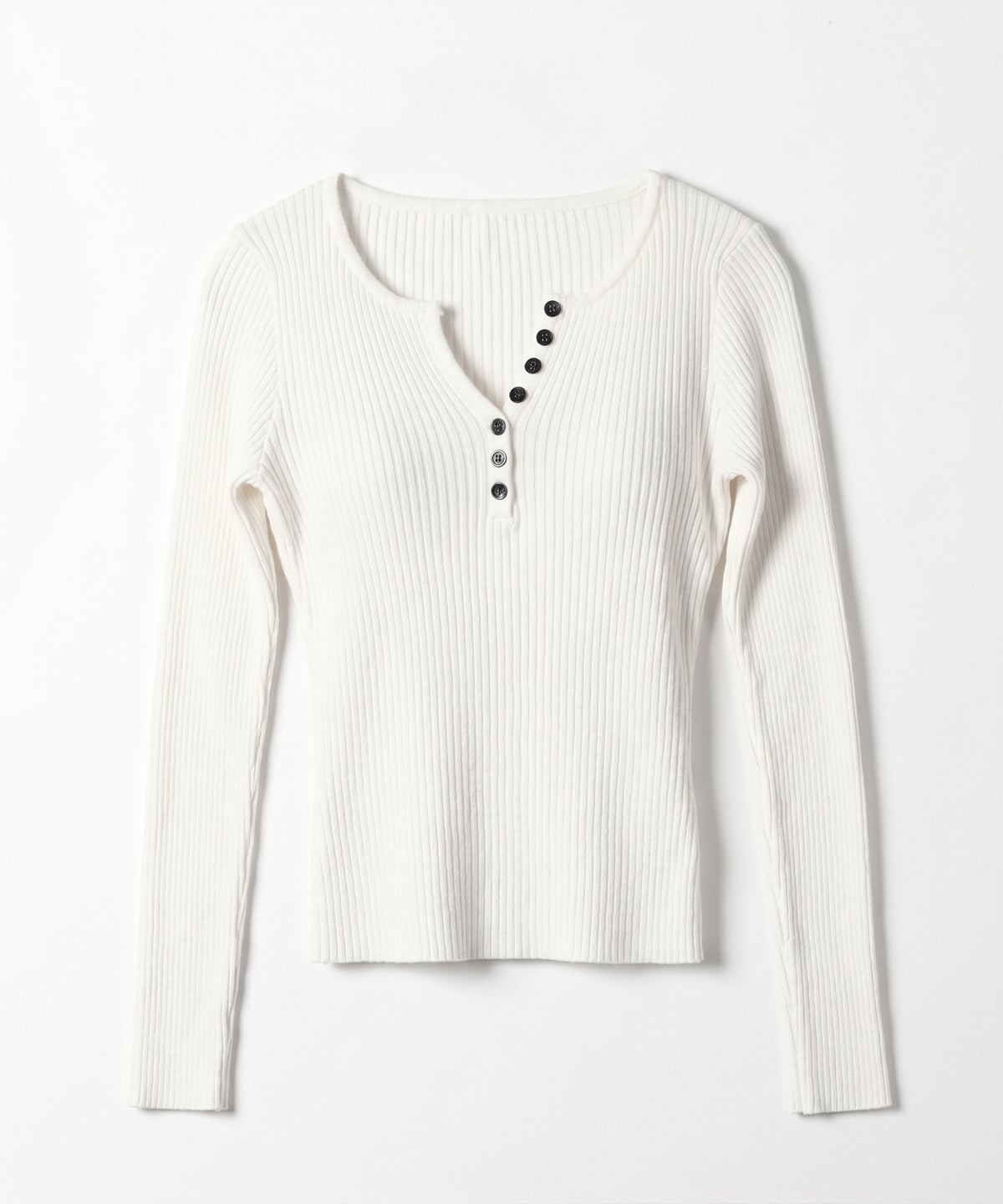 フロントボタンヘンリーネックスリムリブニット ／ Front button henley neck slim rib knit