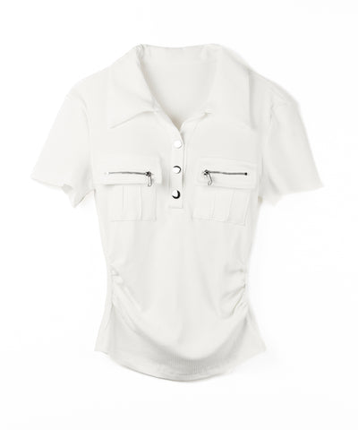 アウトポケットポロネックリブカットソートップス ／ out pocket polo neck rib cutsew tops