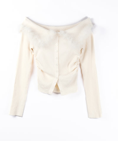 フェザーファー襟オフショルリブニットトップス ／feather fur collar off shoulder rib knit tops