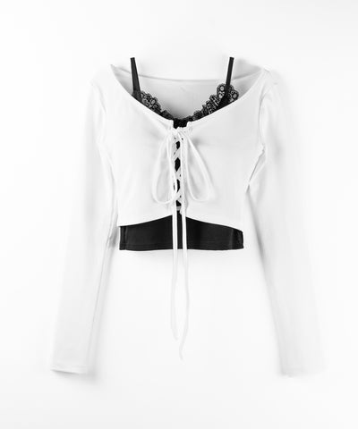 【 ２点セット 】レースアップリボンショートトップス ＋ レースキャミ SET ／ lace up ribbon short tops + lace cami SET