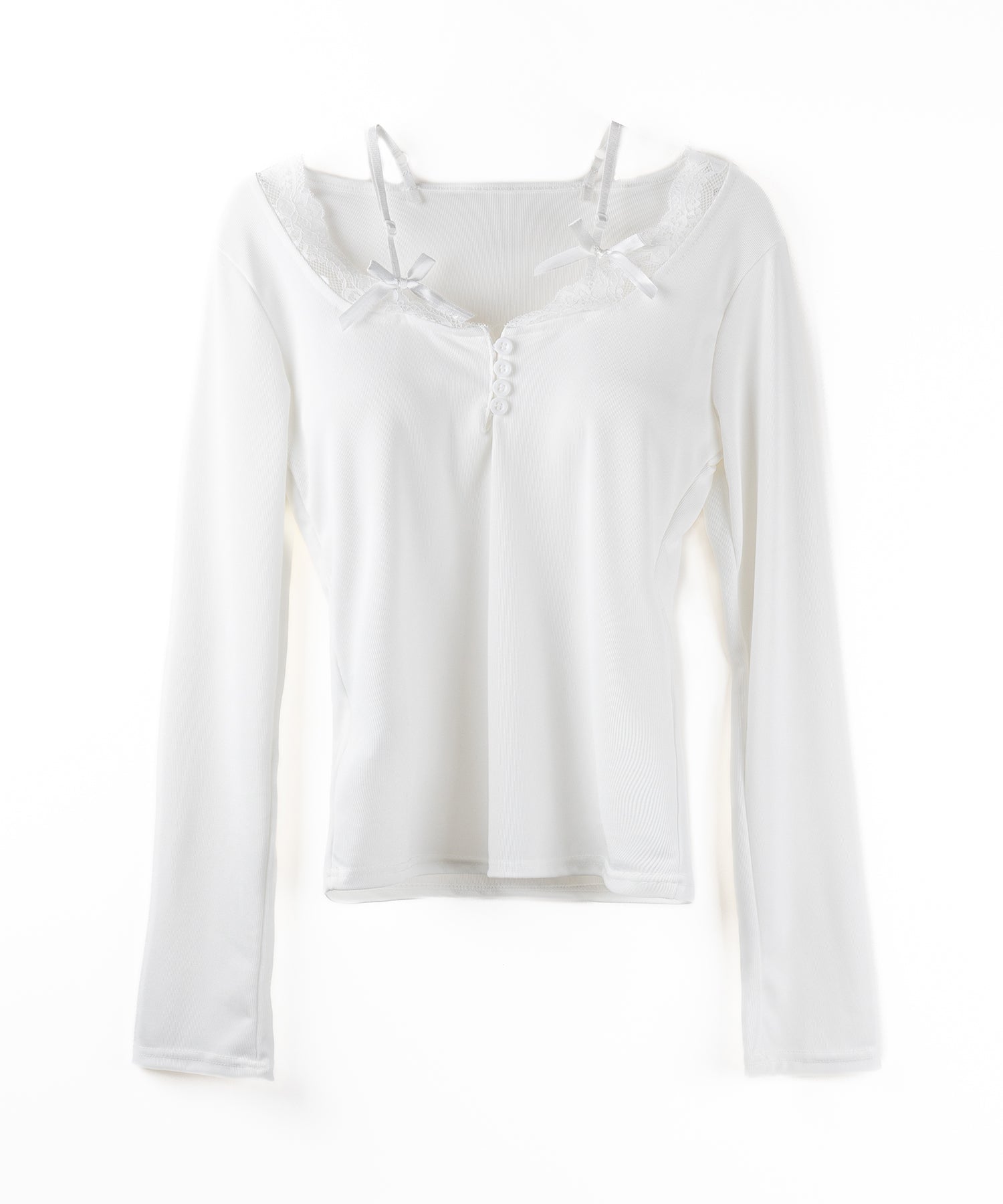 【 ２color 】ストラップダブルリボンレースカットソートップス ／ strap double ribbon lace cutsew tops