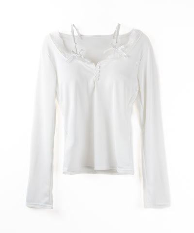 【 ２color 】ストラップダブルリボンレースカットソートップス ／ strap double ribbon lace cutsew tops