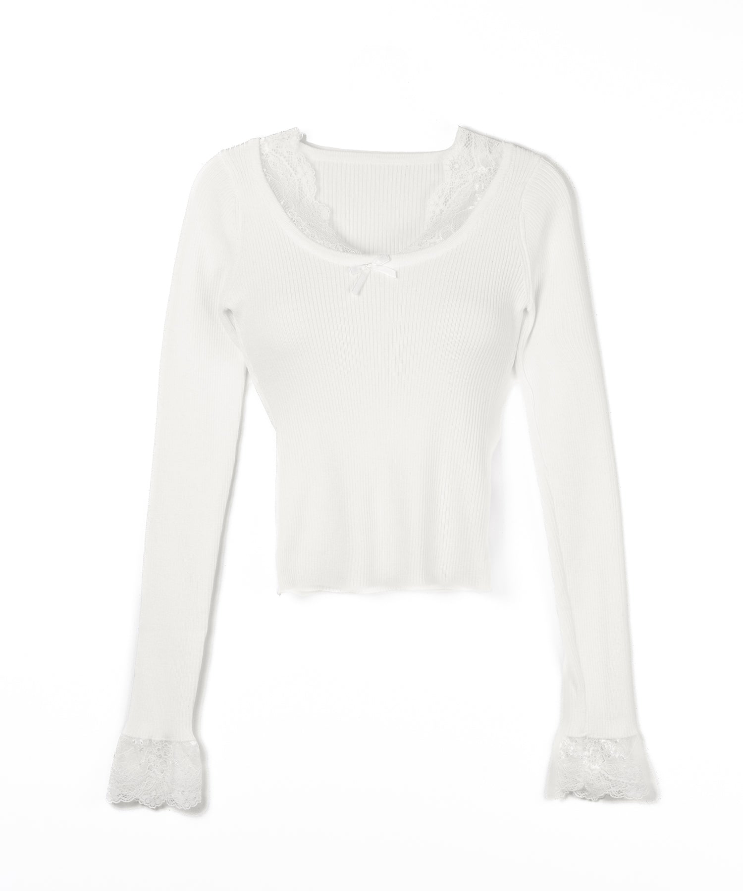 フロントリボンレース切替リブニットトップス ／ front ribbon lace switching ribbed knit tops