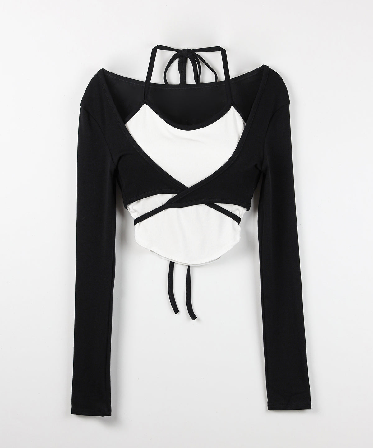 【２点セット 】２WAY クロスストラップショートカーディガン＋ ホルターリボンバイカラーキャミSET ／ 2WAY cross strap short cardigan + halter ribbon bicolor camisole SET
