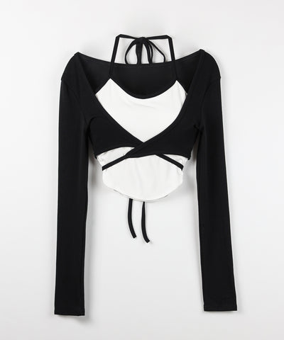 【２点セット 】２WAY クロスストラップショートカーディガン＋ ホルターリボンバイカラーキャミSET ／ 2WAY cross strap short cardigan + halter ribbon bicolor camisole SET