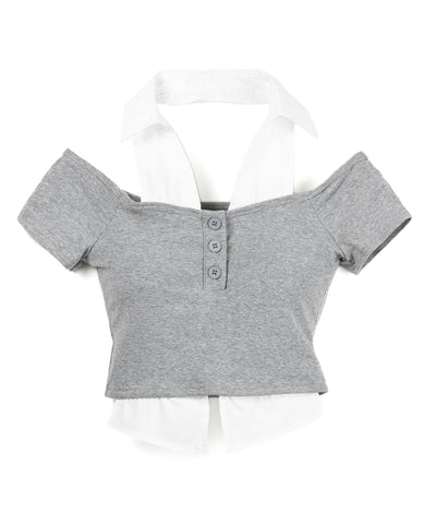 シャツレイヤードヘンリーネックカットアウトトップス ／ shirt layered henlyneck cutout tops
