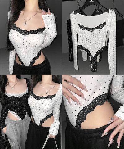 ドットカットアウトレースポイントボディスーツトップス ／dot cutout lace point bodysuit tops