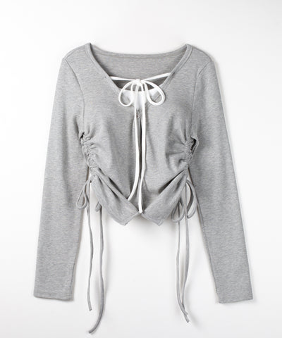 【 ３WAY 】レイヤード風シャーリングリボンリブトップス ／ fake layered shirring ribbon lib tops