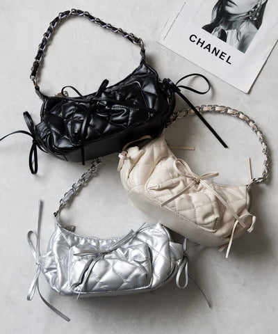 【 ３color ／２WAY 】ストラップリボンキルティングチェーンショルダーバッグ ／ strap ribbon quilted chain shoulder bag