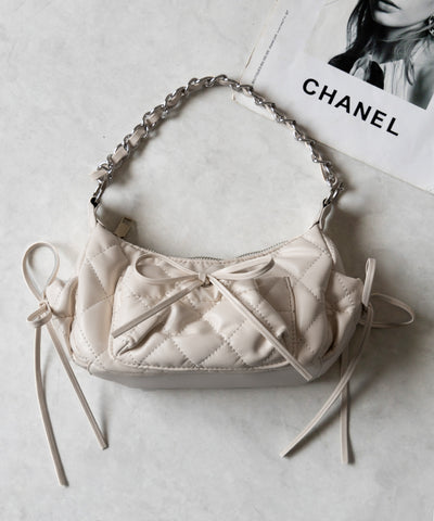 【 ３color ／２WAY 】ストラップリボンキルティングチェーンショルダーバッグ ／ strap ribbon quilted chain shoulder bag