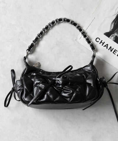 【 ３color ／２WAY 】ストラップリボンキルティングチェーンショルダーバッグ ／ strap ribbon quilted chain shoulder bag