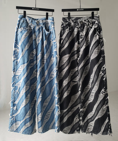 【 ２color ／ ４size 】バイカラーカットフリンジダメージワイドデニム ／ bicolor cut fringe damaged wide denim