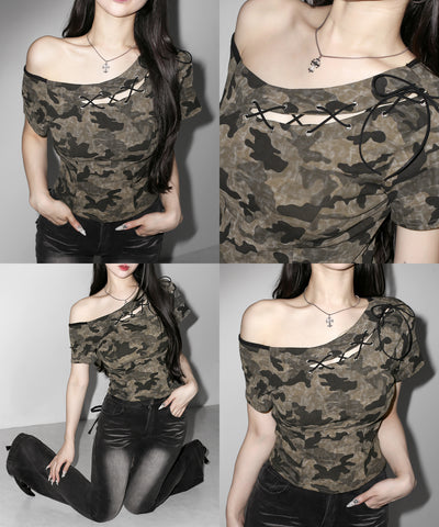 ヴィンテージカモフラカットアウトレースアップワンショルＴシャツ　／ Vintage camouflage cutout laceup one shoulder T-shirt
