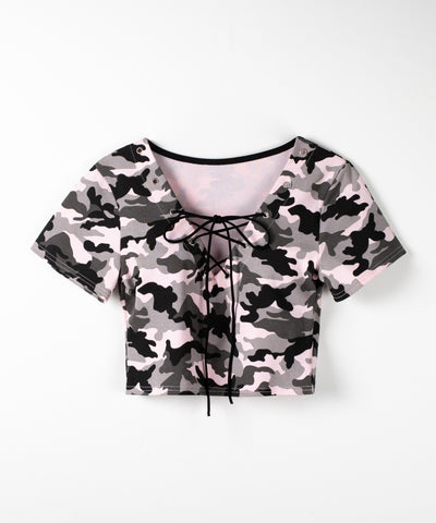 ヴィンテージカモフラレースアップショートＴシャツ　／ Vintage camouflage lace-up short T-shirt