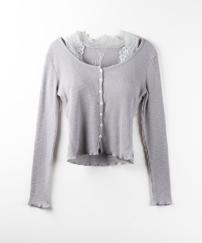 【 ２点セット 】レイヤードレースシアーリブカットソーカーディガン ／ layered lace sheer rib cut and sew cardigan