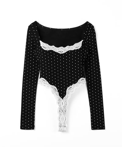 ドットカットアウトレースポイントボディスーツトップス ／dot cutout lace point bodysuit tops