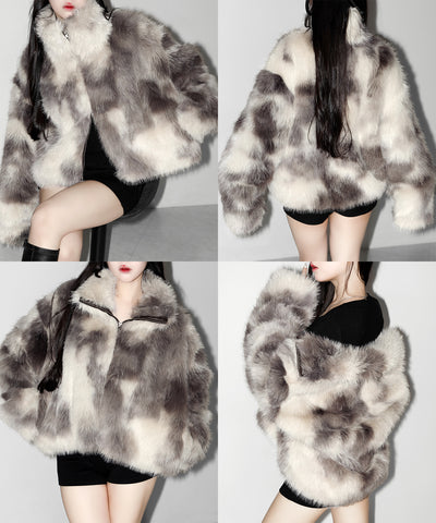 ダブルジップスタンドカラーニュアンスファージャケット ／ double zip stand collar nuance fur jacket