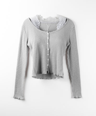 【 ２点セット 】レイヤードレースシアーリブカットソーカーディガン ／ layered lace sheer rib cut and sew cardigan