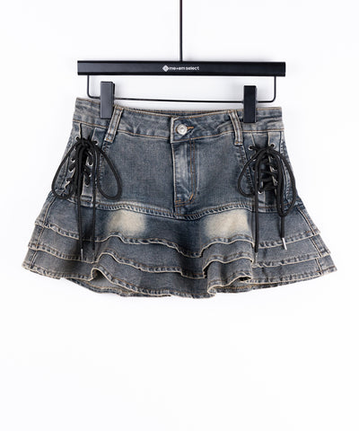 【 インパン裏地付 】レースアップブラックフリルミニスカート ／ laceup black frill mini skirt