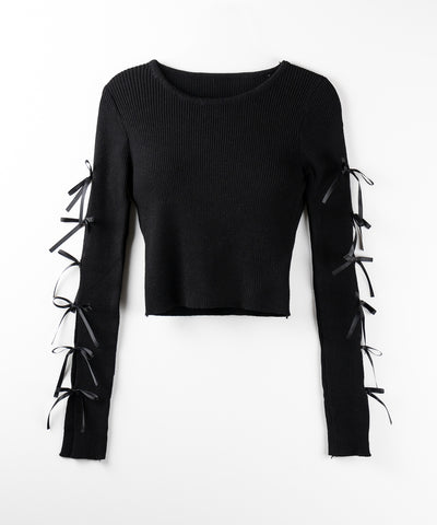 【 ２color 】カットアウトリボンショートリブニット ／ cut out ribbon short rib knit