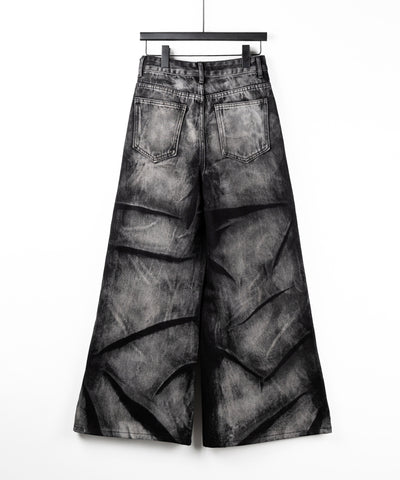 【 ４size 】CRACKクラッシュヘビーブリーチブラックワイドデニム ／ CRACK crash heavy bleach black wide denim