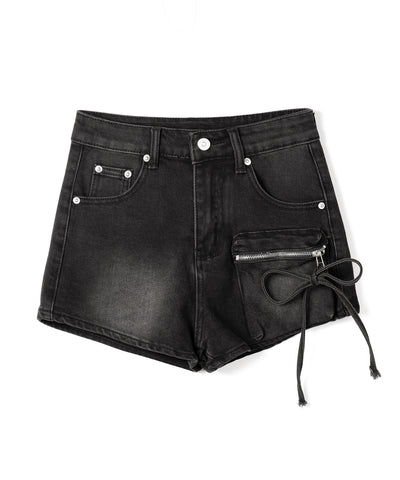 リボンストリングカーゴポケットデニムショートパンツ／ribbon string cargo pocket denim short pants