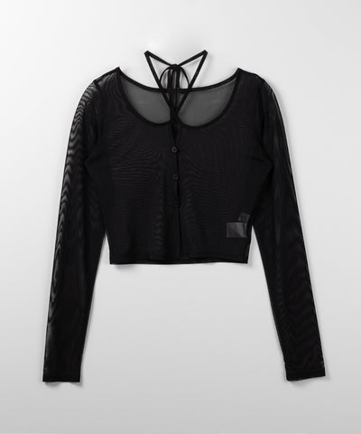 【 ３color ／ ２WAY 】クロスストラップリボンシアーショートカーディガン ／ cross strap ribbon sheer short cardigan