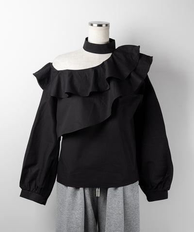 【 ２color 】チョーカーフリルワンショルダーブラウス ／ choker frill one shoulder blouse