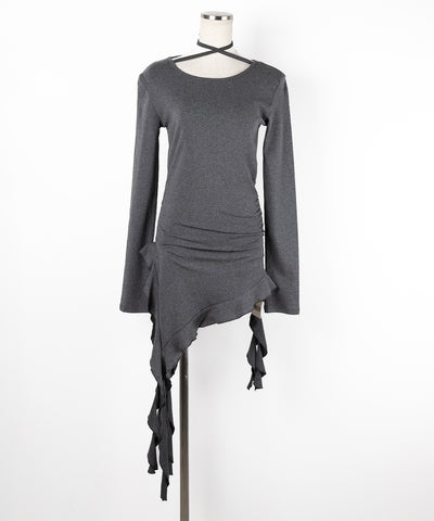 【 ３color 】クロスチョーカーアシンメトリーラッフルフリルトップス ／ cross choker asymmetry ruffle frill tops